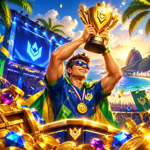 Arena de e-sports com telões e plateia iluminada em dourado